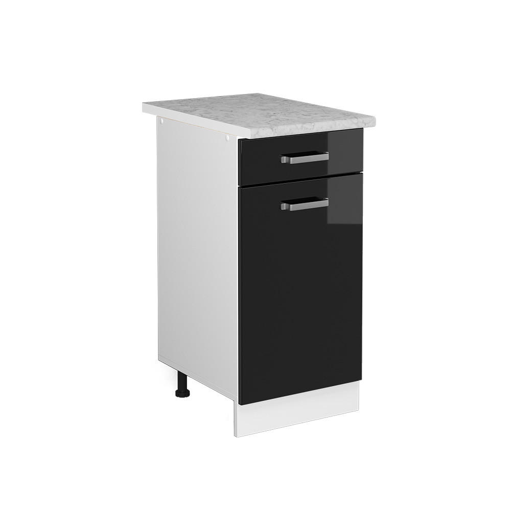 KÜCHENUNTERSCHRANK R-Line Schwarz Hochglanz 40 cm, AP Marmor - Schwarz Hochglanz/Schwarz, Holzwerkstoff (40/81.6/60cm) - Vicco