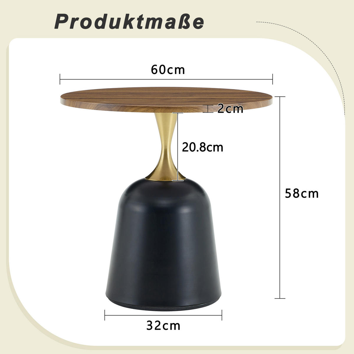 BEISTELLTISCH rund Walnussoptik mit Metallgestell Ø 60 cm - Walnussfarben/Schwarz, Holzwerkstoff (60/60/58cm)