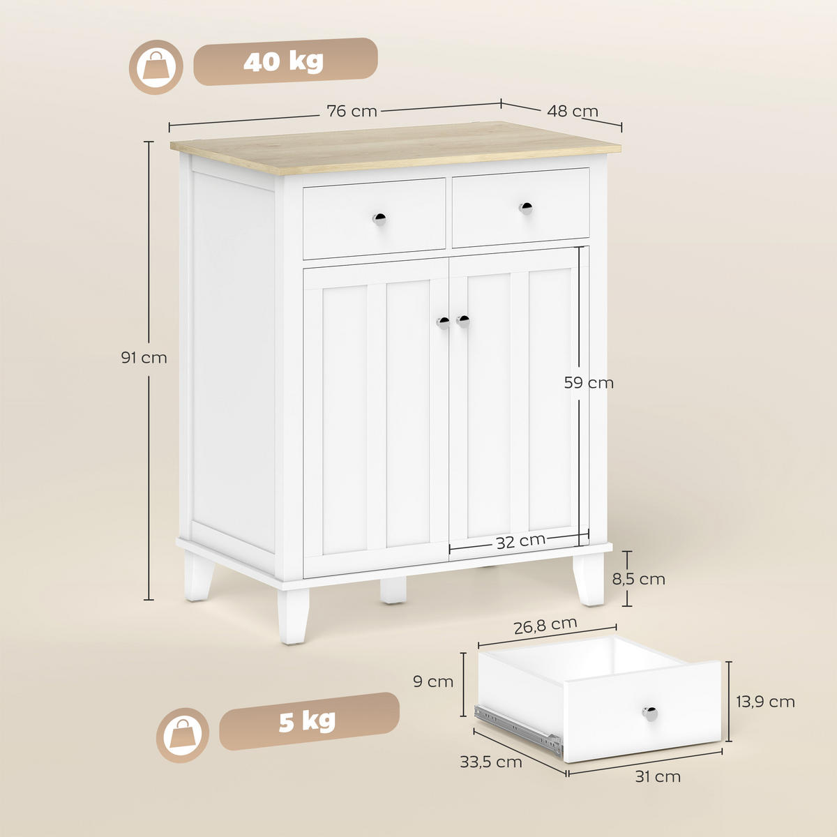SIDEBOARD Weiß und Holzfarben, 2 Türen, 2 Schubladen, 76/48/91 cm - Weiß, Holz (76/91/48cm) - PANGIVO