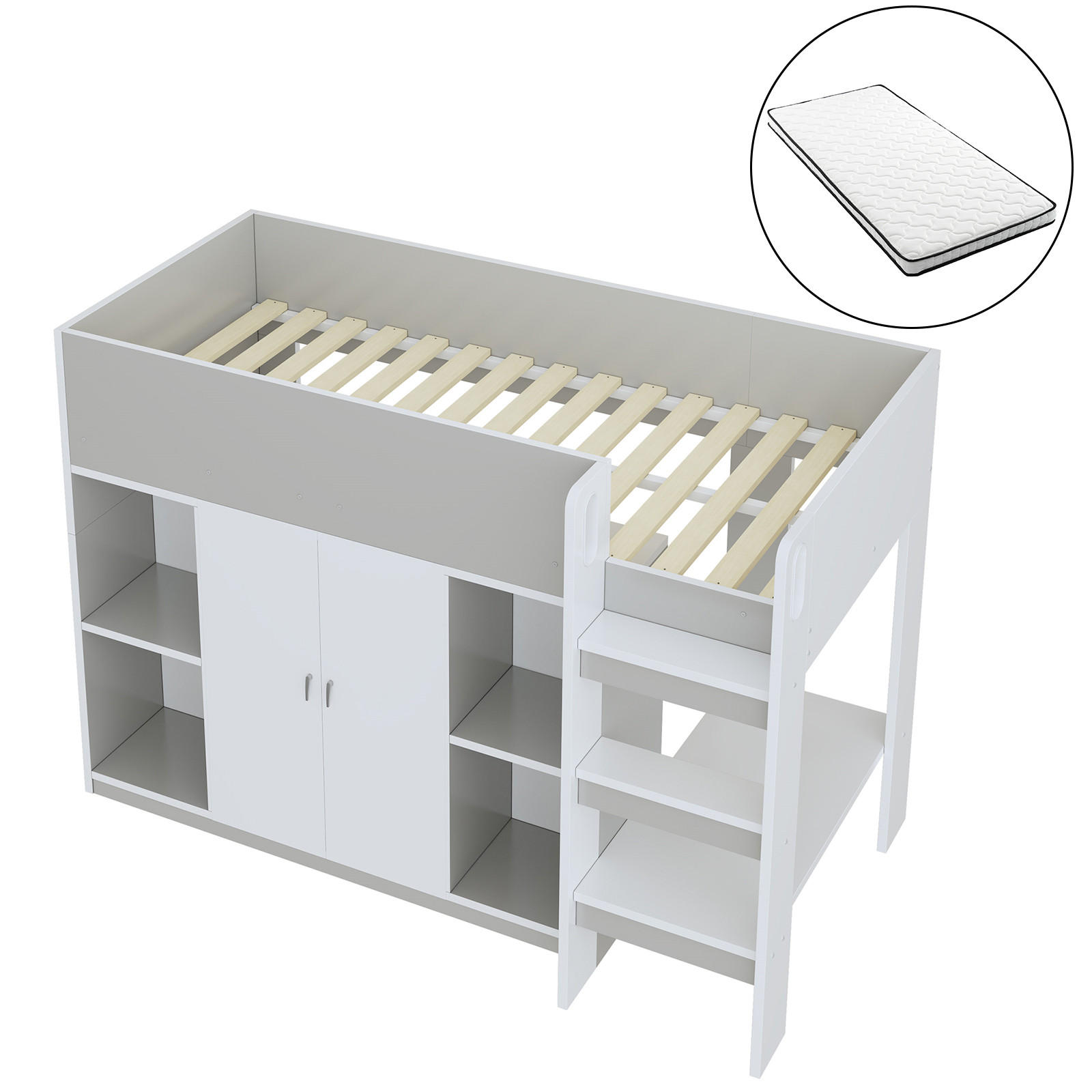 HOCHBETT 90/200 cm Grau mit Stauraum, Schrank und Regalen mit Matratze - Grau, Holzwerkstoff (90/200cm) - OKWISH