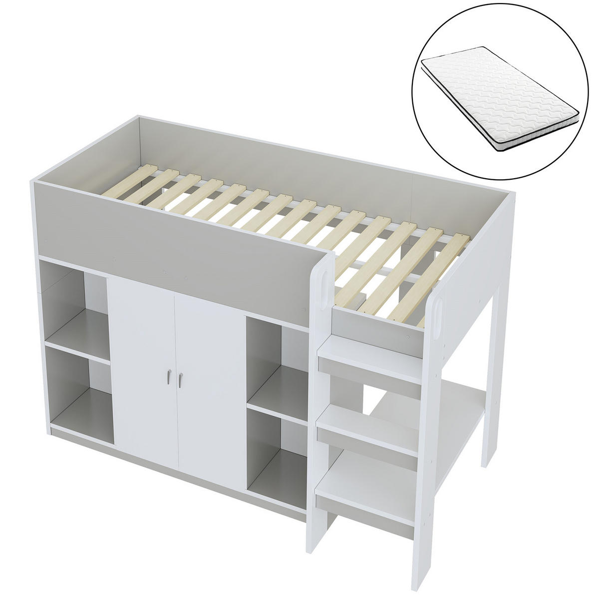 HOCHBETT 90/200 cm Grau mit Stauraum, Schrank und Regalen mit Matratze - Grau, Holzwerkstoff (90/200cm) - OKWISH