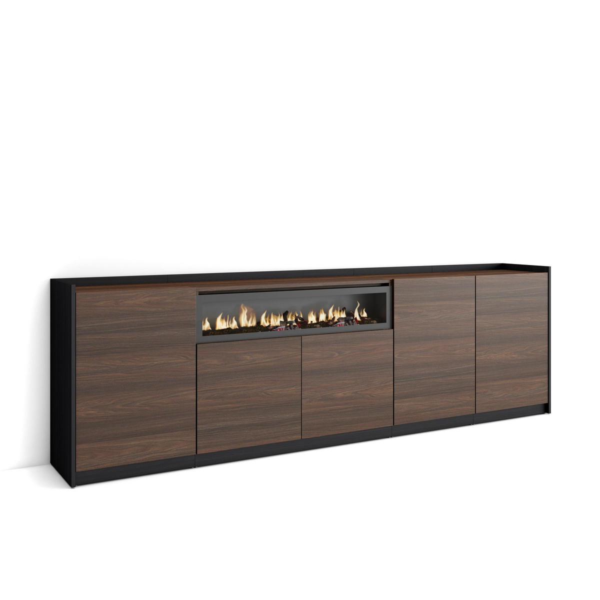 SIDEBOARD, Dunkler Eiche und Schwarz, Elektrokamin, 260/37/80cm - Dunkelbraun, Holzwerkstoff (260/80/37cm) - Skraut Home