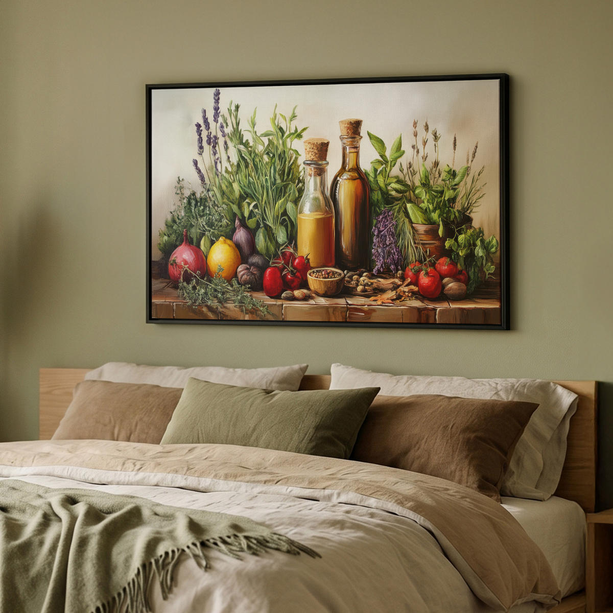 LEINWAND Bilder mit Rahmen - Stilleben - Kräuter - Gewürze - Früchte - Farbenfroh - 90x60 - Grün, Textil (90/60cm) - MuchoWow