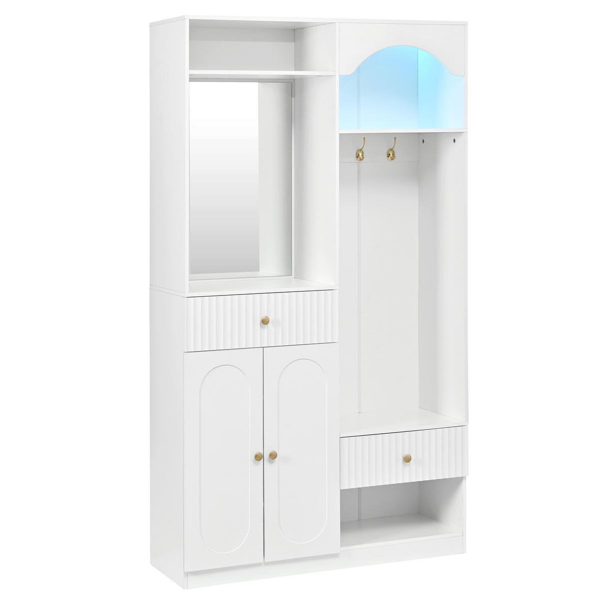 KOMPAKTGARDEROBE Spiegel Schuhschrank Sitzbank Haken LED - Weiß, Holzwerkstoff (100/180/35cm) - FLIEKS