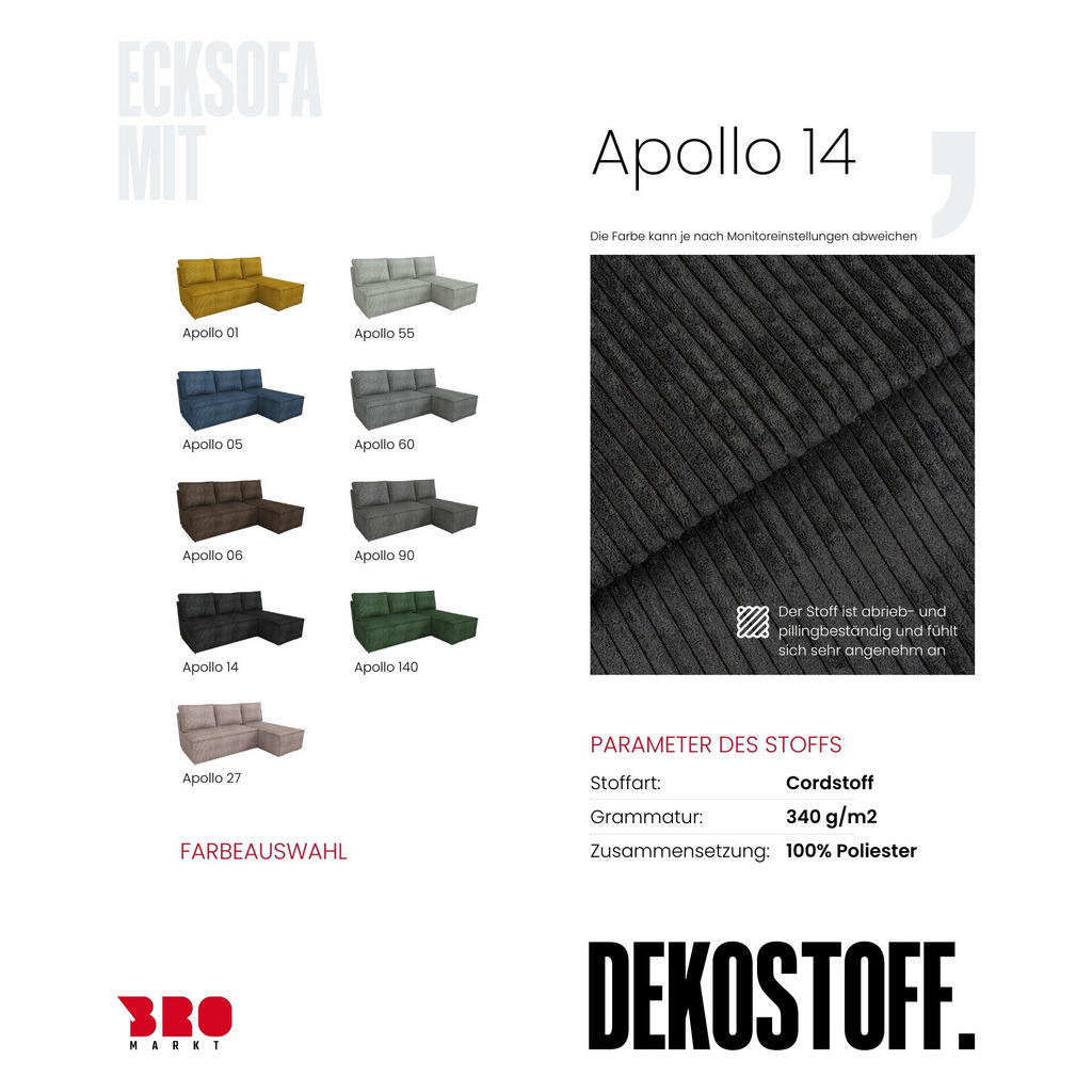 Thumbnail - Bromarkt Ecksofa, Schwarz, Textil, 3-Sitzer, Ottomane rechts, seitenverkehrt montierbar, L-Form, 200x141 cm, Wohnzimmer,...