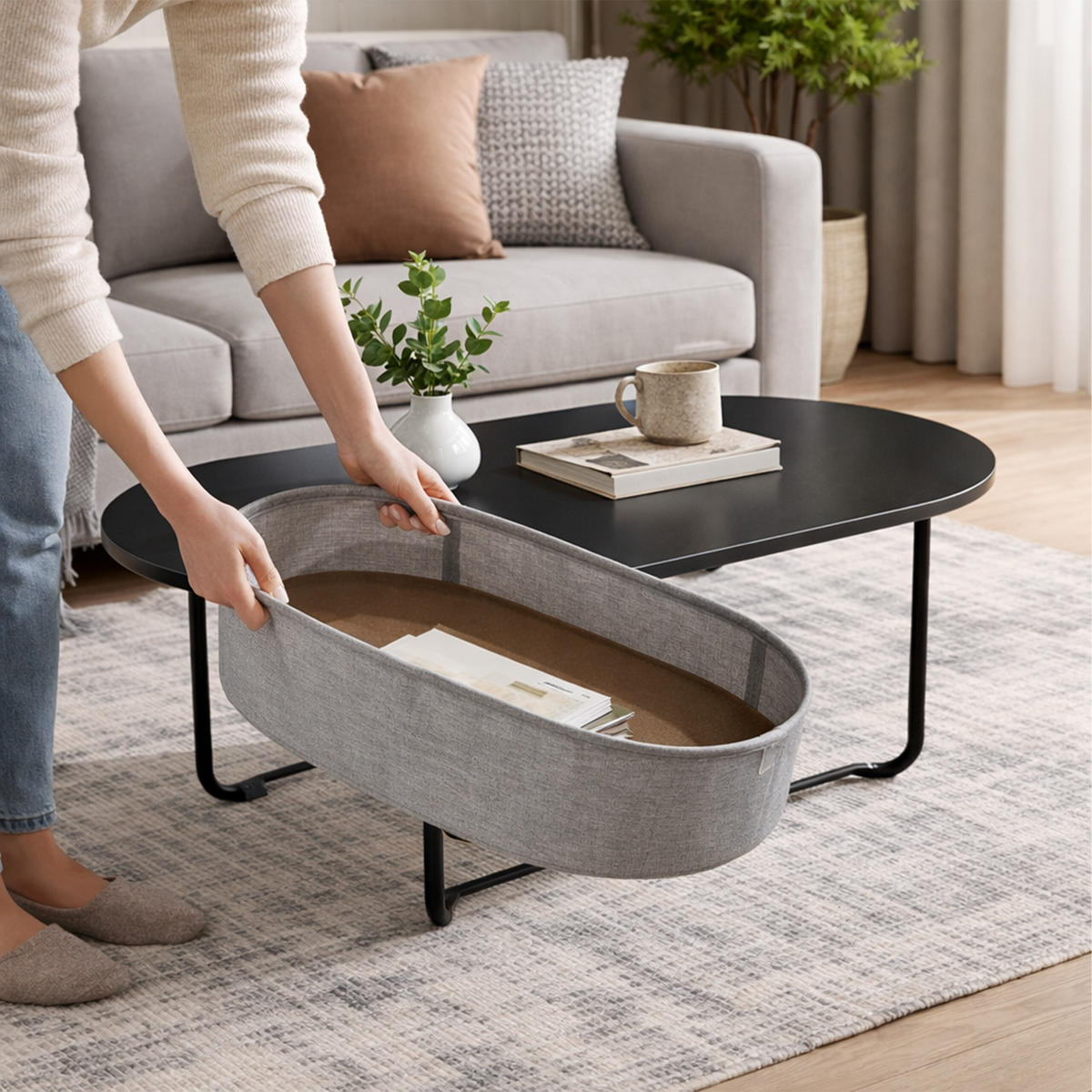 COUCHTISCH - Schwarz, Holzwerkstoff/Textil (45/100/55cm) - Relaxdays