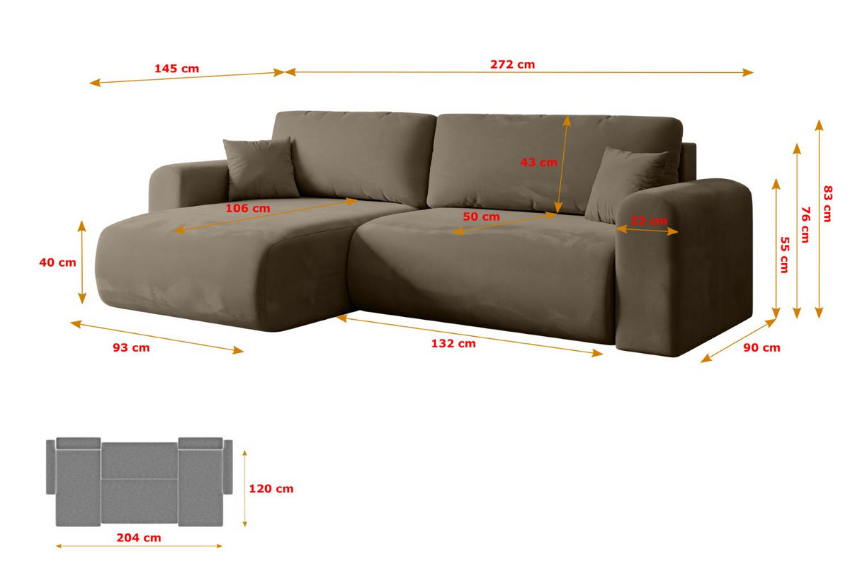 ECKSOFA mit Schlaffunktion und Bettkasten ORRO-L - 272x145x83 cm Braun Velours - Schwarz/Braun, Holzwerkstoff/Kunststoff (272/145cm) - ALTDECOR