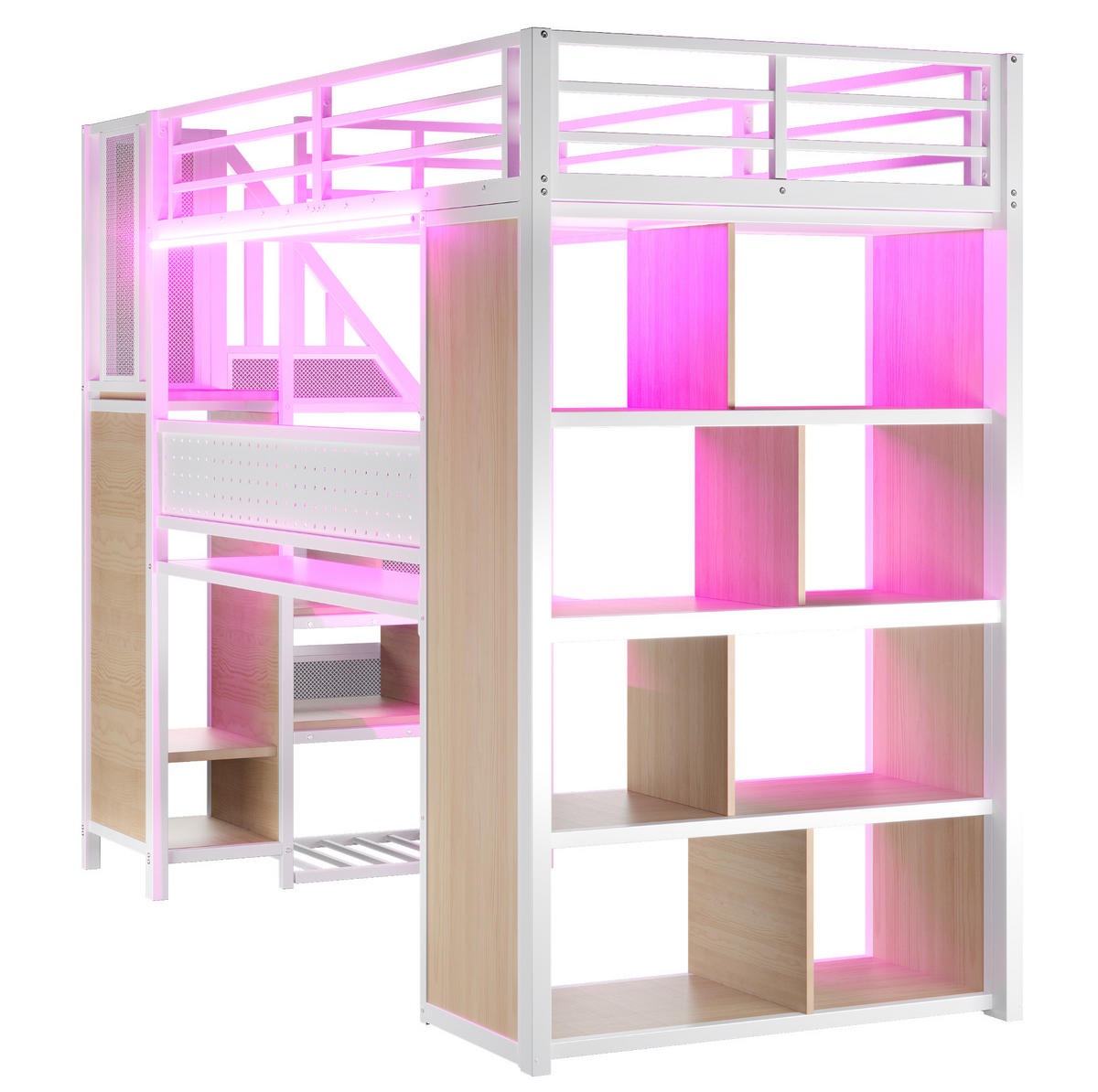 HOCHBETT 90/200 cm aus Metall und werkstoff mit Schreibtisch, Stauraumtreppe, Kleiderschrank und LED, Weiß - Weiß, Metall (90/200cm) - Redom