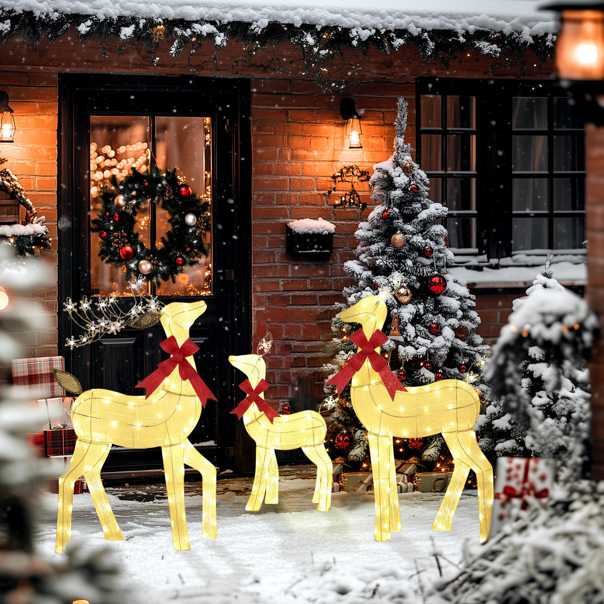 3-TEILIGE Weihnachts-Dekoration, Rentier-Familie mit LED-Beleuchtung, Gelb+Rot - Gelb, Metall (28/129/63cm) - Outsunny
