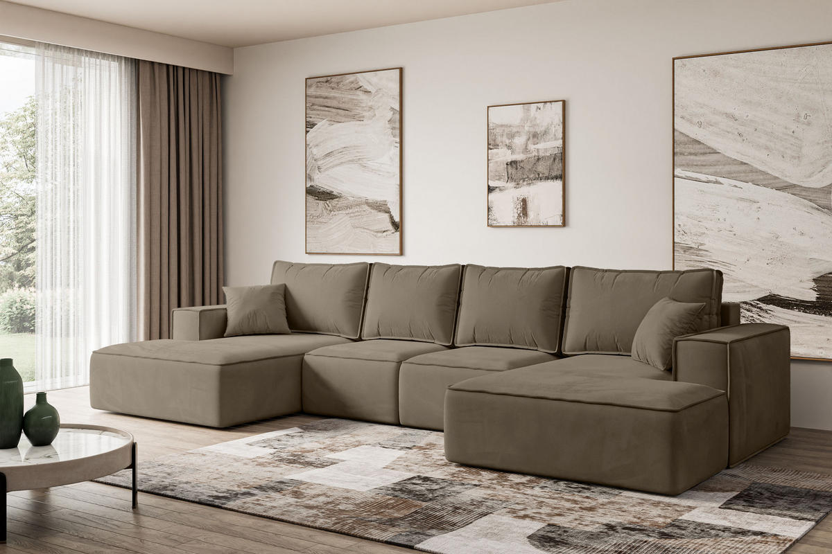 WOHNLANDSCHAFT mit Schlaffunktion und Bettkasten SIERRA-U-S - 349x161x87 cm Braun Velours - Schwarz/Braun, Holzwerkstoff/Kunststoff (349/87/161cm) - ALTDECOR