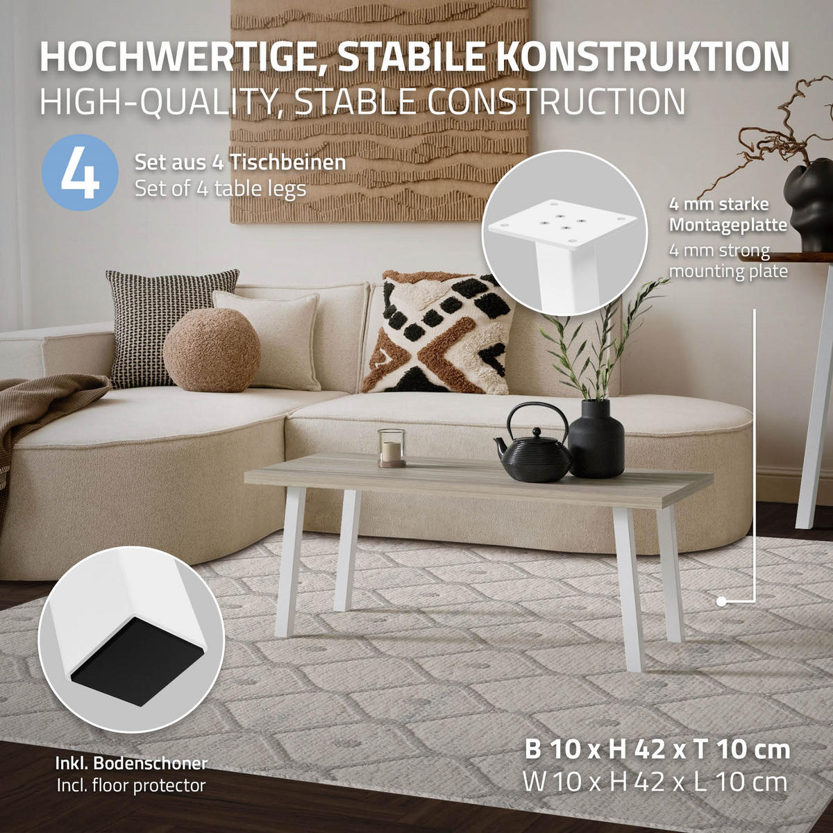 TISCHBEINE 4er Set I-96GRAD-Design H:42 cm Weiß 4x4 cm - Weiß, Metall (4/42/4cm) - ML-DESIGN