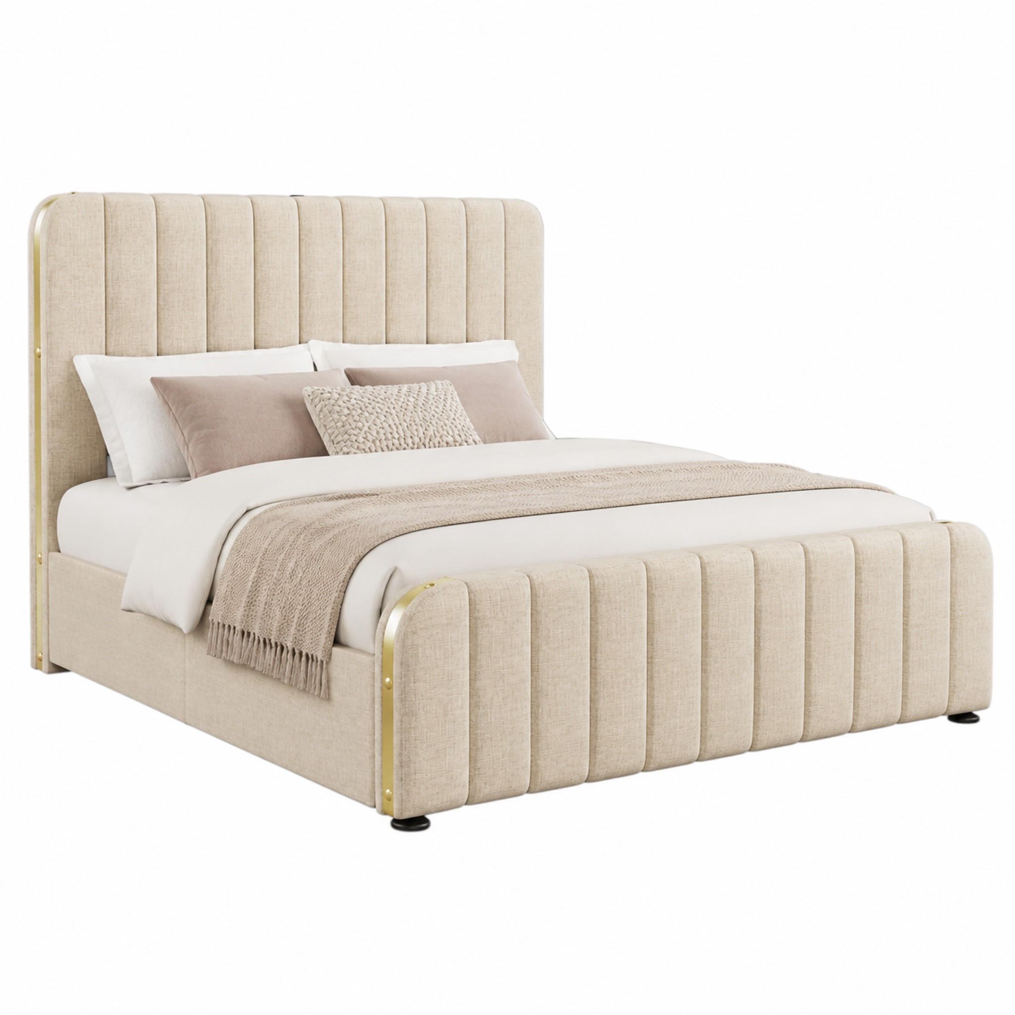 POLSTERBETT mit Stauraum und USB/Typ-C 180x200 cm Beige Leinen - Beige, Metall (180/200cm) - Meubliv