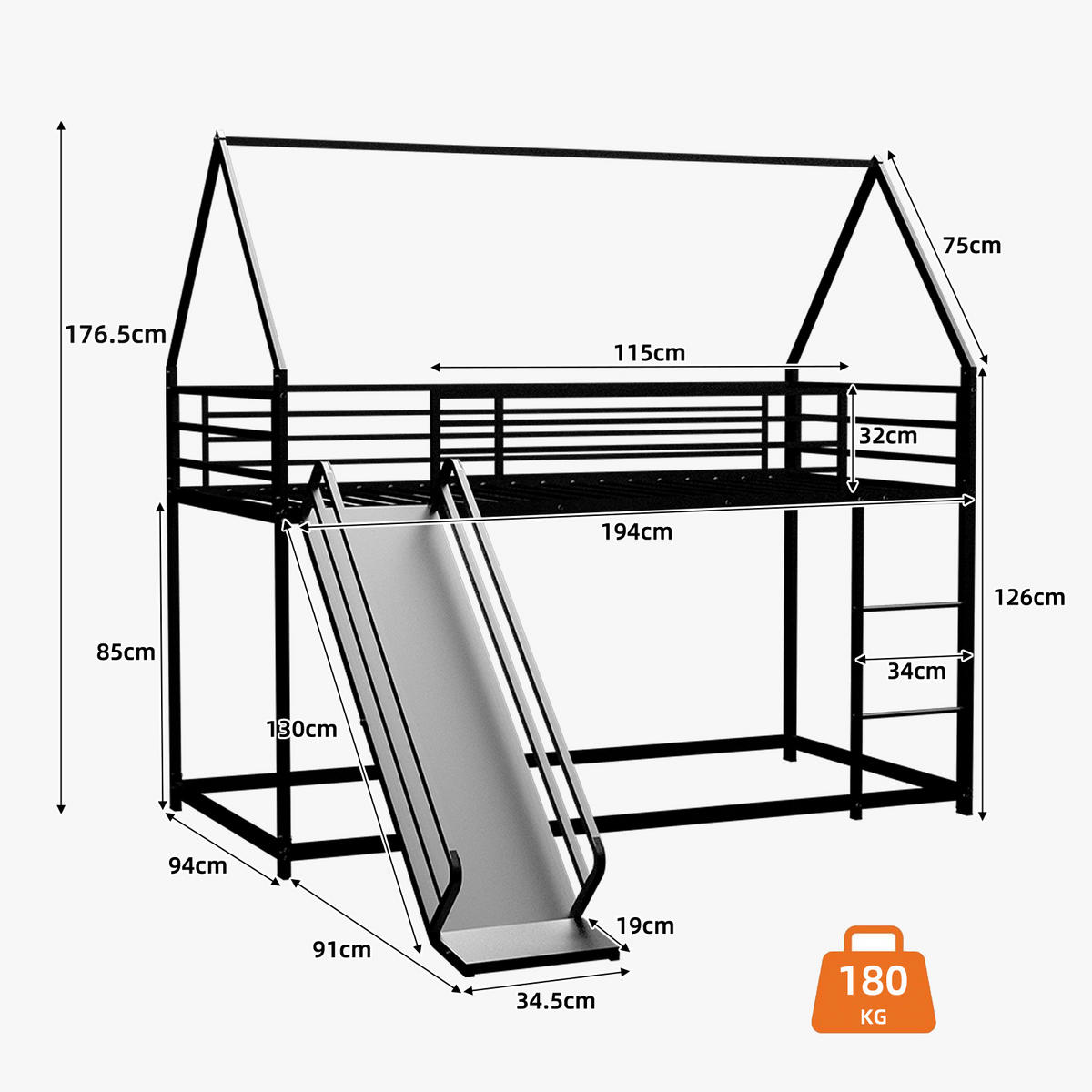 HAUSBETT 194/185/176,5 cm Schwarz - Schwarz, Metall - Raumix