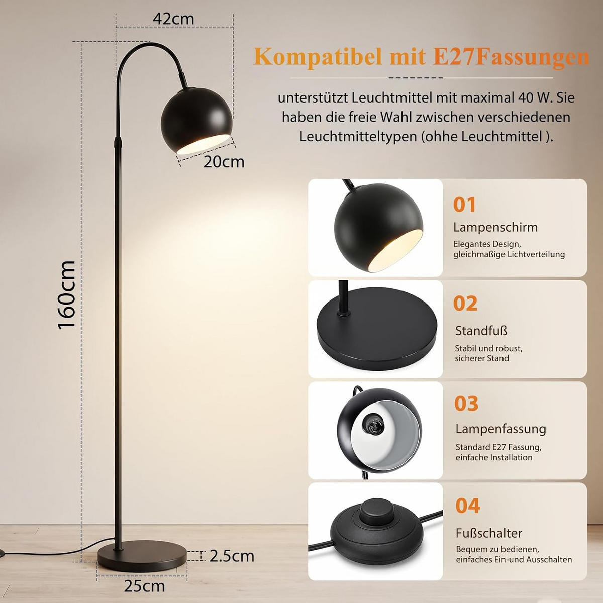 STEHLAMPE Ulyvith 42/20/160 cm - Schwarz, Metall (42/20/160cm) - ZMH