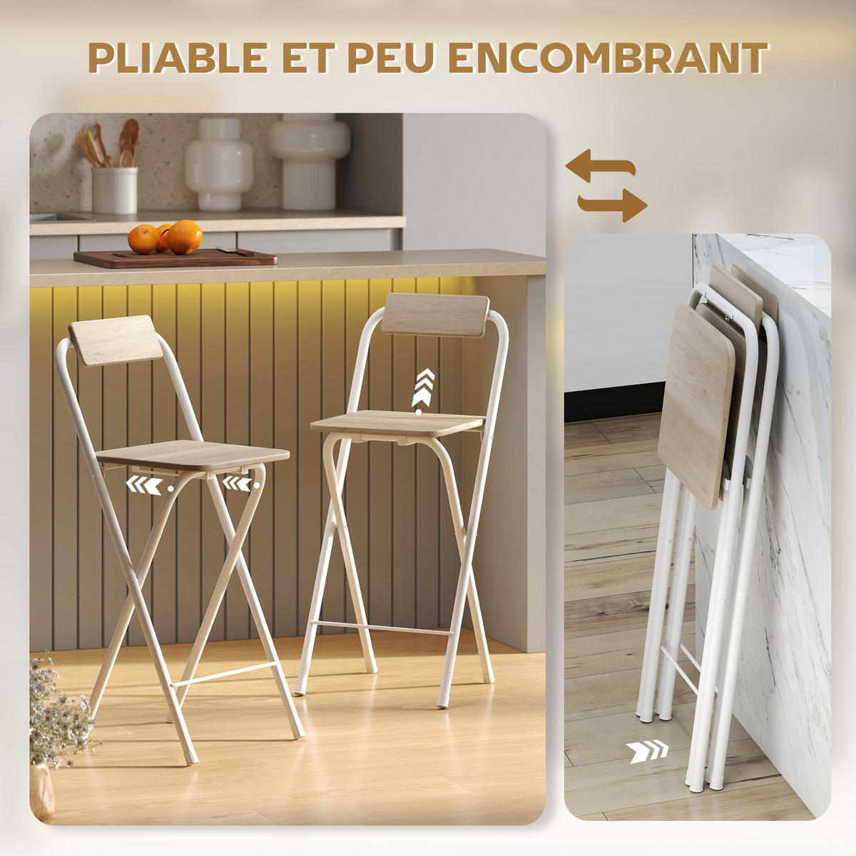 BARHOCKER 2er-Set DE-14766 klappbar mit Rückenlehne und Fußstütze Holzoptik - Naturfarben, Metall (37/87/45cm) - ComfortXL