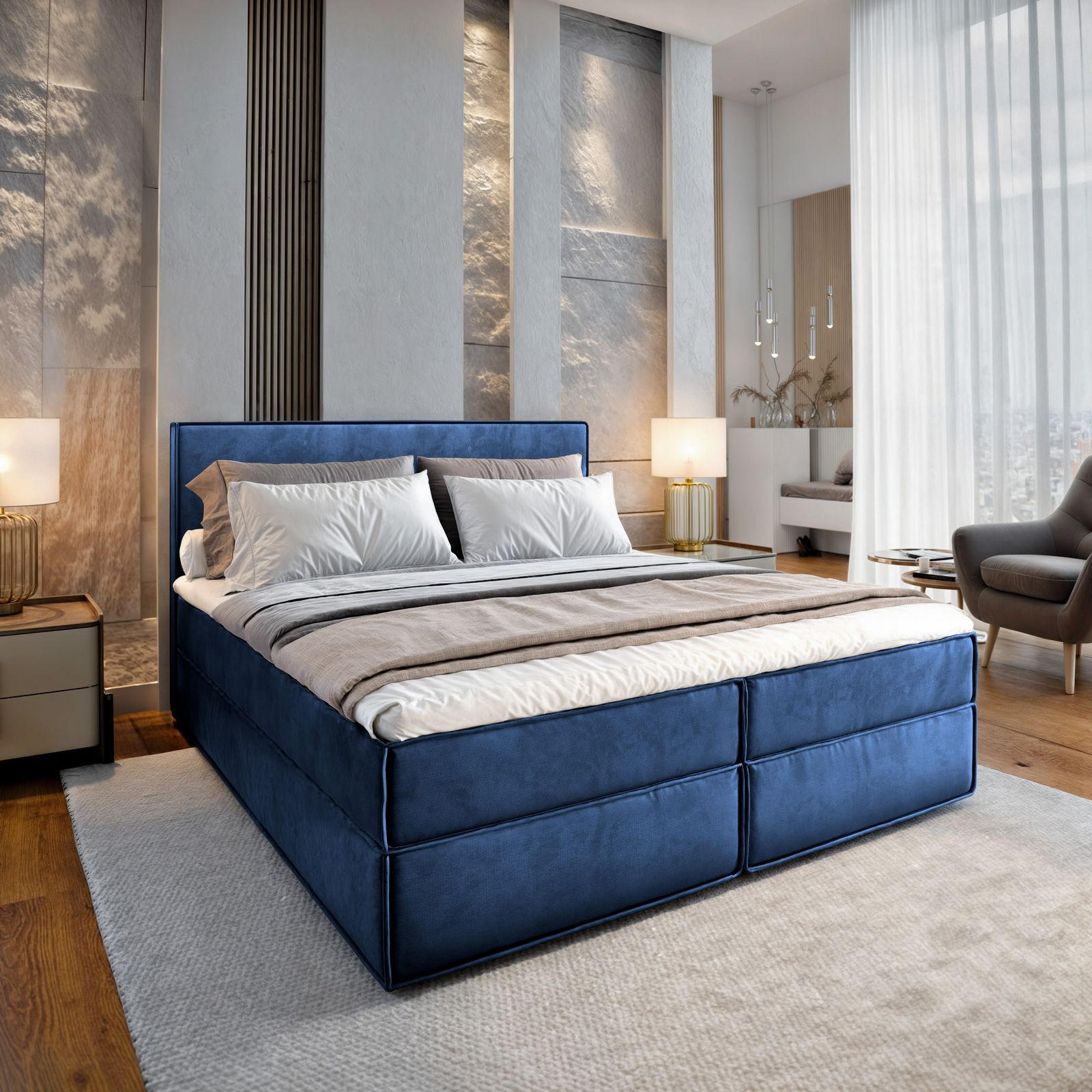BOXBETT PELLIO 160x200 cm mit Matratze und Topper - Blau - Blau, Holz (160/200cm) - MASSENO