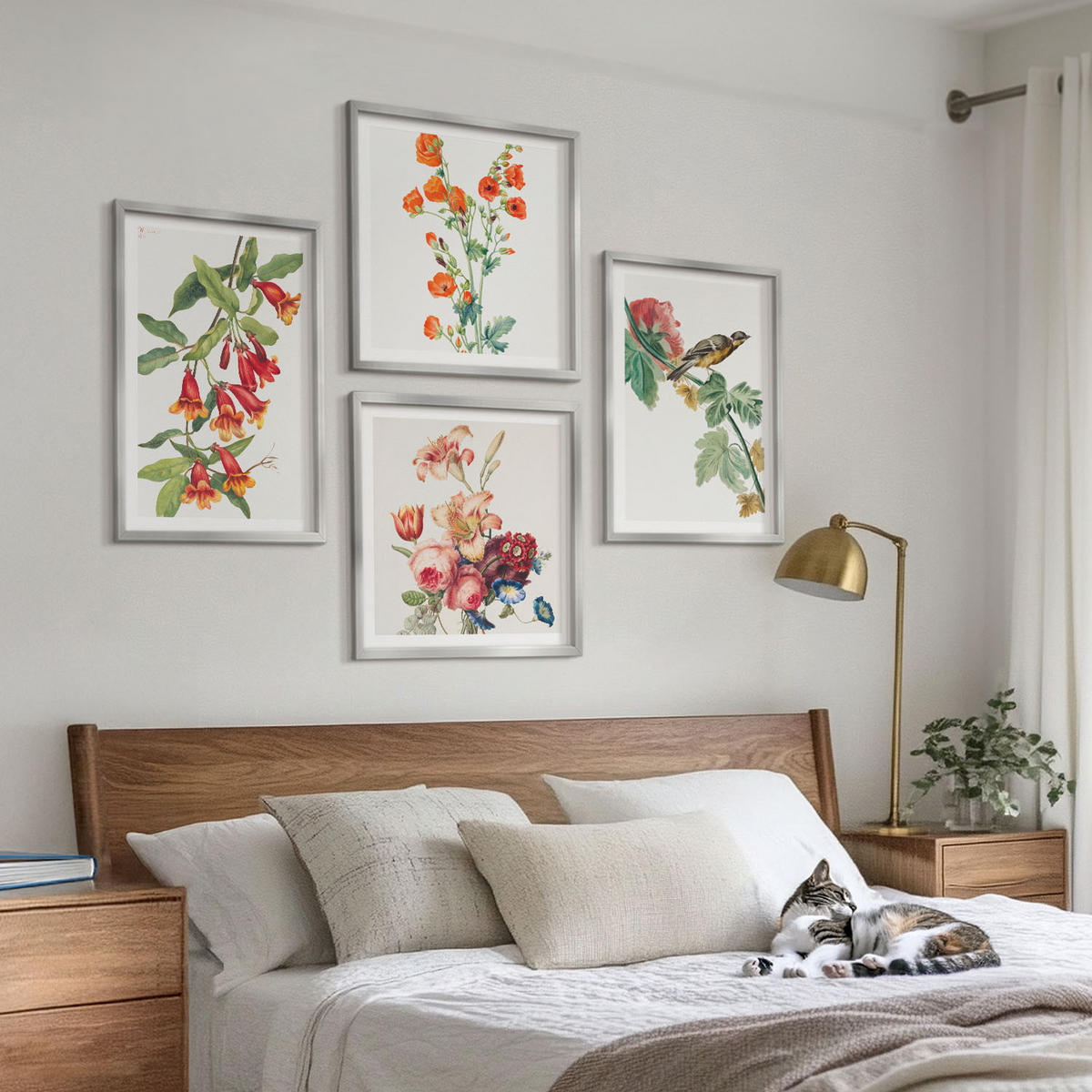 BILDER SET 4er Set - 50x50 cm & 40x60 cm Silberner Rahmen - Gemalte Blumen, Retro-Vogel - Silberfarben, Kunststoff (50/50cm) - TULUP