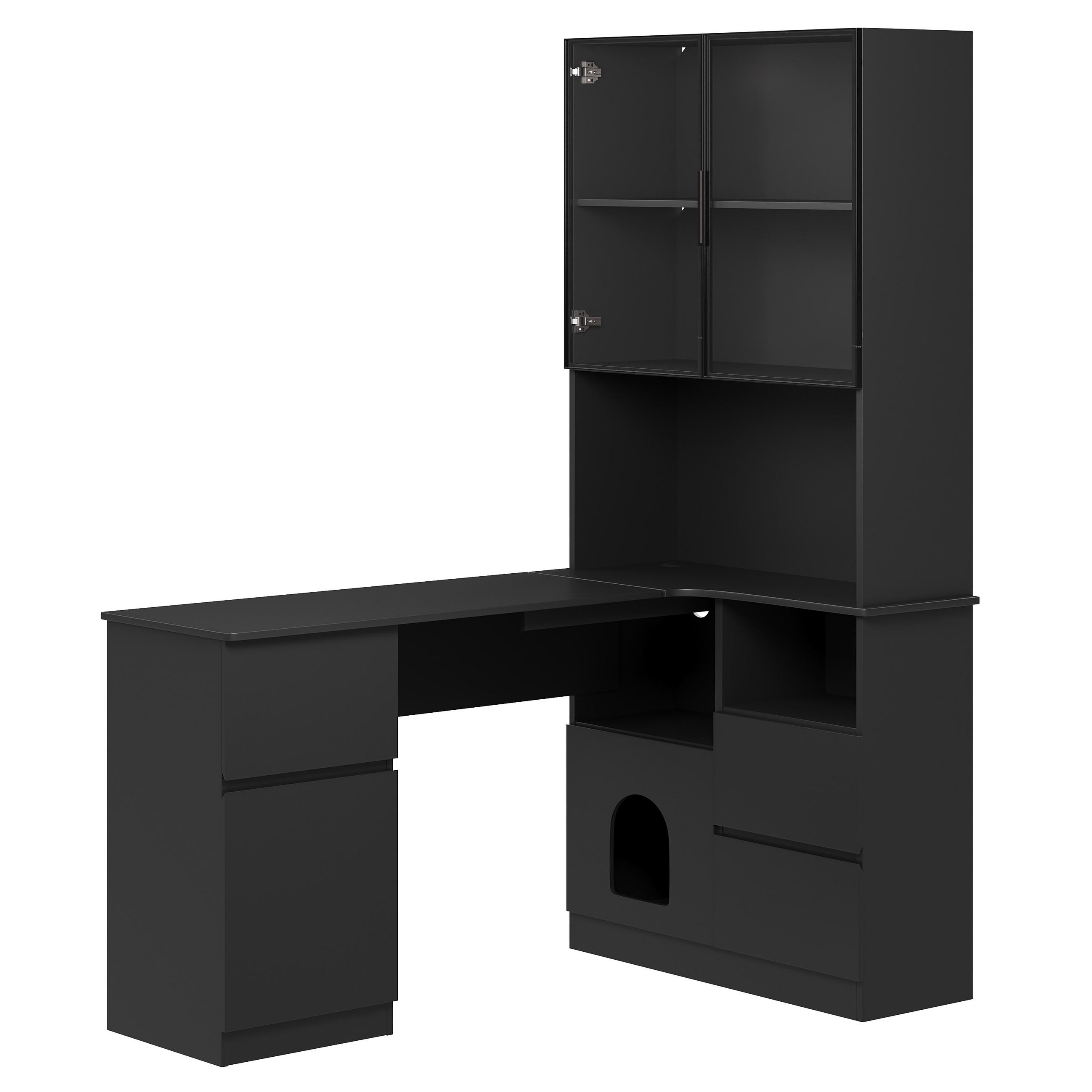 ECKSCHREIBTISCH Schwarz 120/80/180 cm mit Regal LED-Vitrine und 3 Schubladen - Schwarz, Holzwerkstoff (80/120/180cm) - PANGIVO