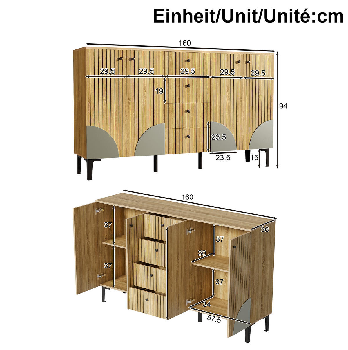 SIDEBOARD 160/36/94 cm aus Spanplatte mit 4 Türen und 4 Schubladen Holzfarben - Eichefarben, Holzwerkstoff (160/94/36cm) - Modenvie