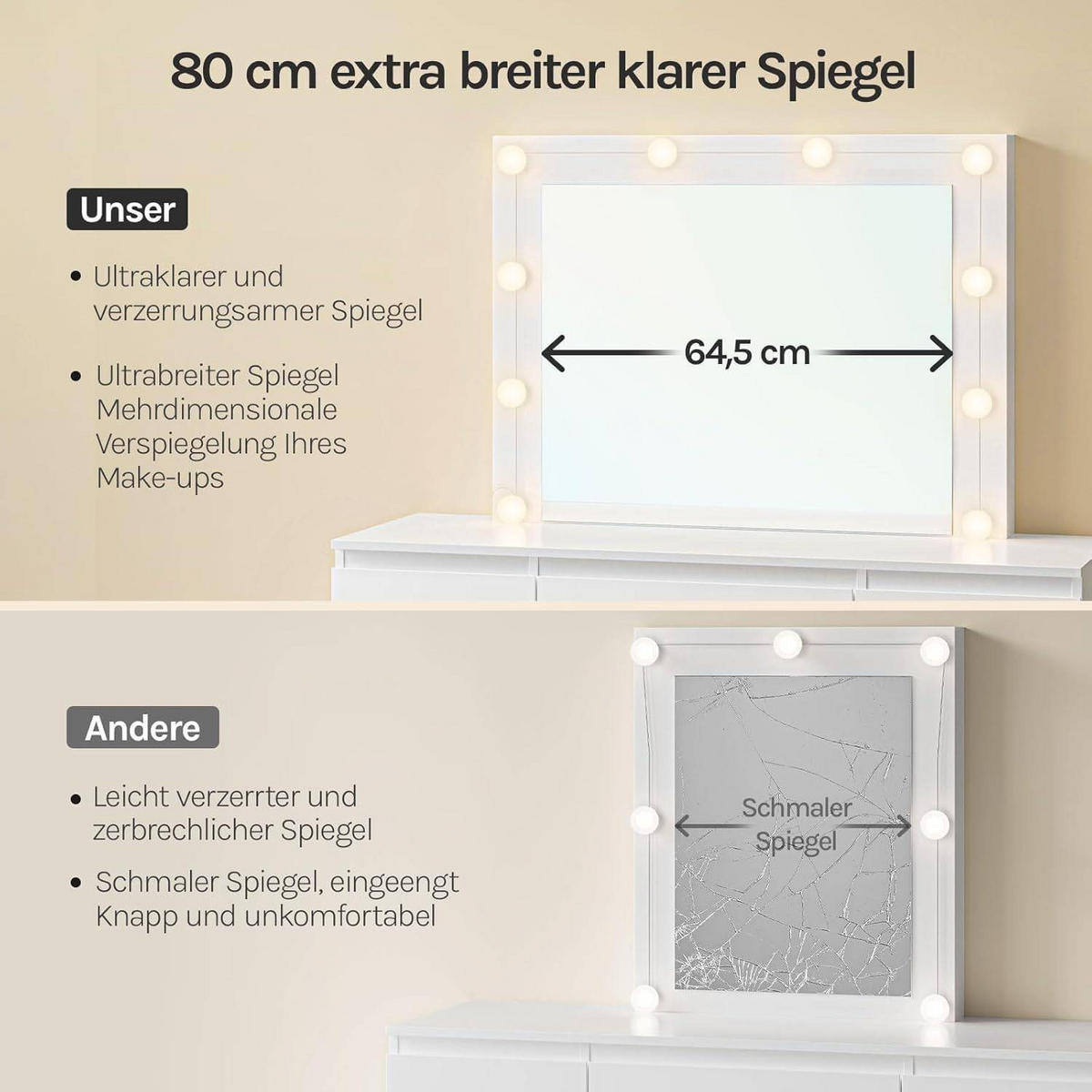 SCHMINKTISCH mit LED-Beleuchtung Weiß - Weiß, Glas/Holzwerkstoff (107/140.5/39.5cm) - Woltu