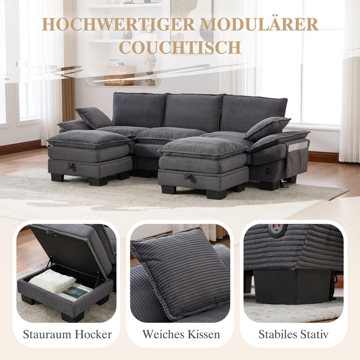 WOHNLANDSCHAFT Cord Dunkelgrau mit USB-C und 2 Hockern - Dunkelgrau, Holzwerkstoff/Kunststoff (260/84/132cm) - WISHDOR