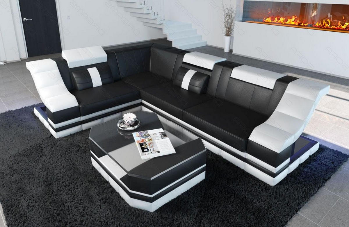 COUCH Bianchi Schwarz Weiß Büffelleder - Schwarz, Leder (271/196cm)