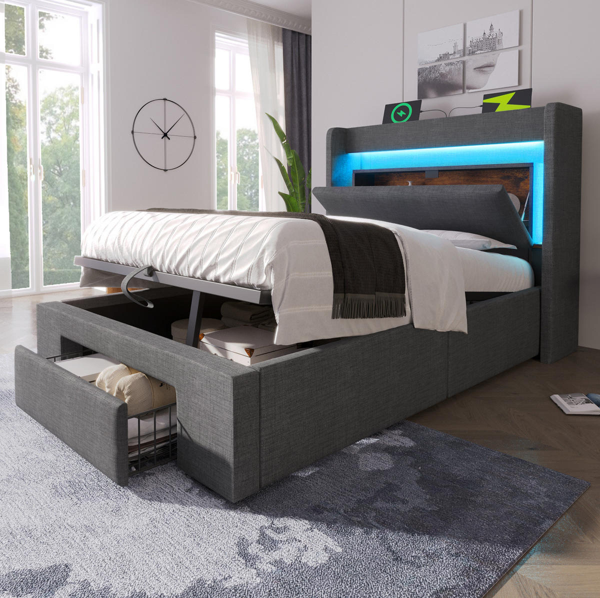 ČALOUNĚNÁ postel 90/200 cm s matrací, hydraulickým úložným prostorem, LED a USB, šedá - šedá, textil (90/200cm) - BEAOK