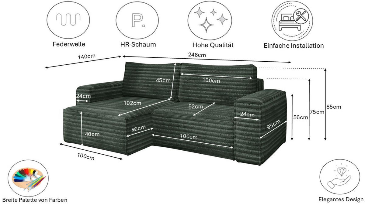 ECKSCHLAFSOFA Bohoo-Ecksofa mit Schlaffunktion stoff Velo Grün Links - Grün, Holz/Textil (140/248cm) - Kaiser Möbel