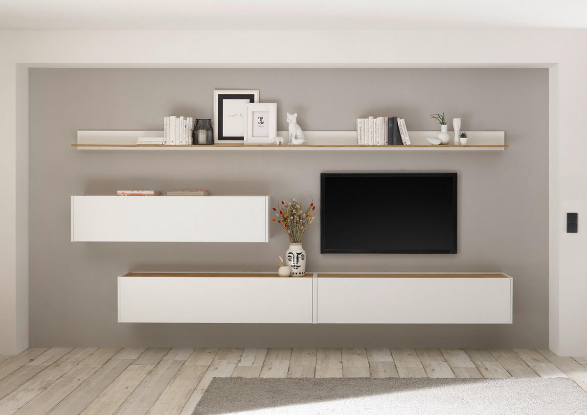 WOHNWAND 5-teilig weiß, Eiche Wotan 340 cm, Schrankwand mit mit XXL-Board - Eiche Wotan/Weiß, Holz/Holzwerkstoff (340/180/30cm) - Furn.Design