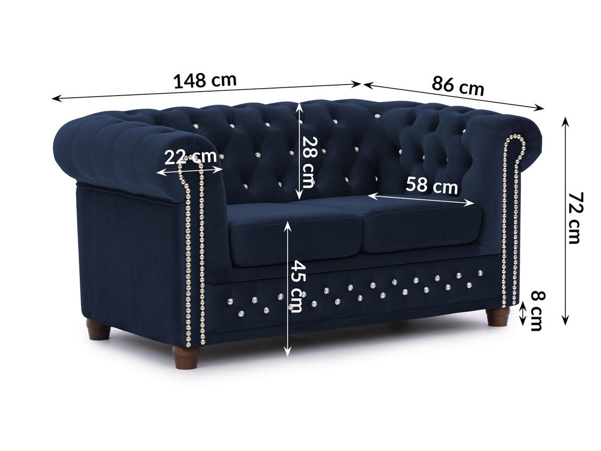 CHESTERFIELD-SOFA 2-sitzer Cleo Blink Marineblau Samt mit Kristallsteppung und braunen Massivholzfüßen - Blau/Braun, Holz/Textil (148/72/86cm) - S-Style Möbel