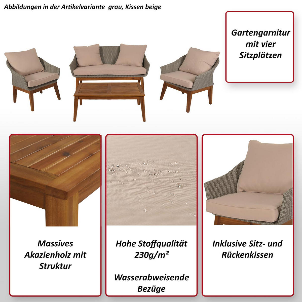 GARTENGARNITUR Grau, Beige - Beige/Grau, Holz - MCW
