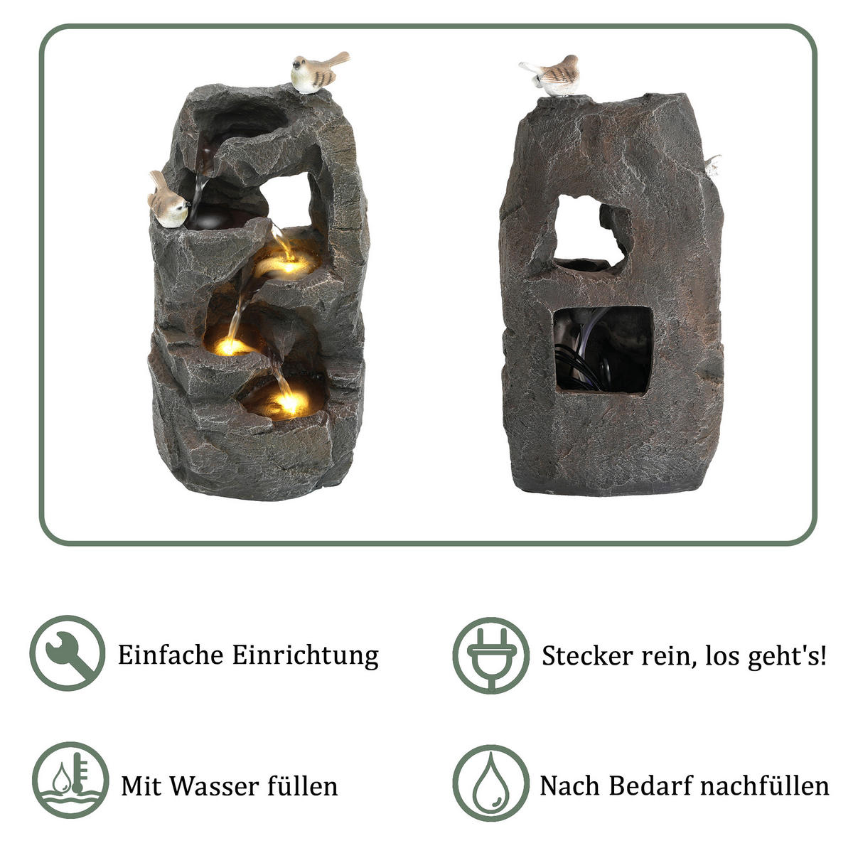 GARTENBRUNNEN LED Steingrau 47cm Zen Außen Terrasse Balkon - Grau, Naturmaterialien (25.5/19/47cm) - FLIEKS