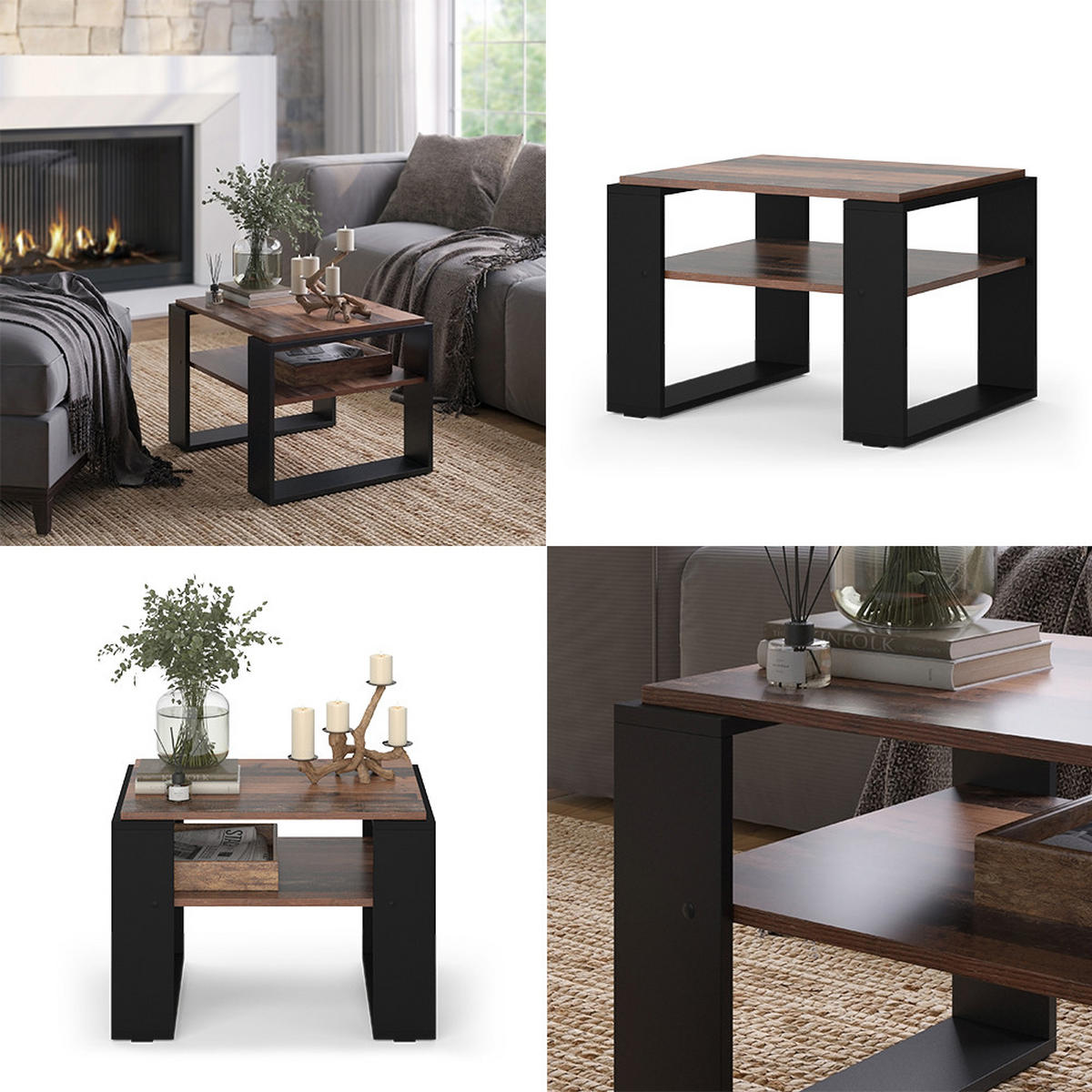 COUCHTISCH Helm Antikholz 65.6 x 55,8 cm mit Ablage - Alteiche/Schwarz, Holzwerkstoff (55.8/65.6/46.2cm) - Vicco