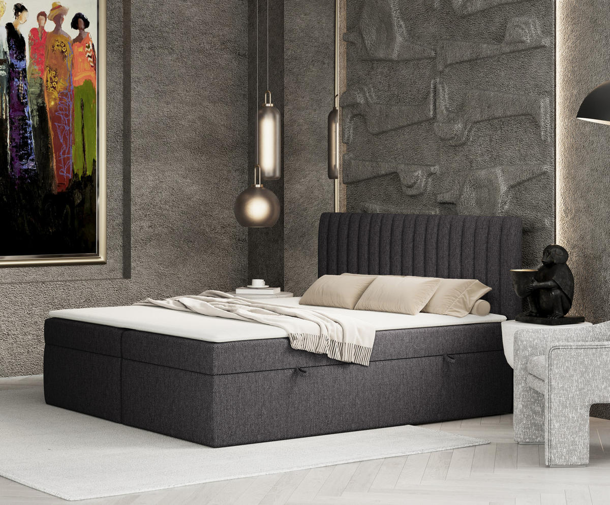 BOXBETT Spencer Anthrazit 180/200 cm mit Matratze und Topper - Anthrazit/Schwarz, Holz/Holzwerkstoff (180/200cm) - Maison de Reve