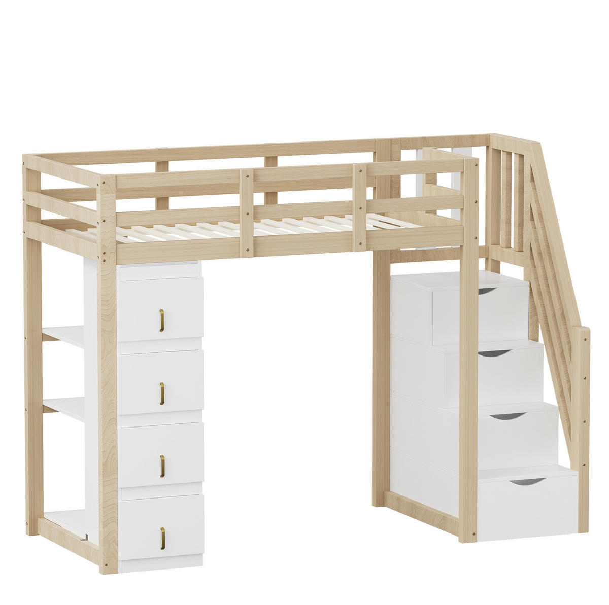 HOCHBETT 90/200 cm mit 4 Schubladen, 3-stufigem Regal und Sicherheitsleiter aus Holzwerkstoff, Natur Holzwerkstoff - Weiß, Holzwerkstoff (90/200cm) - Redom