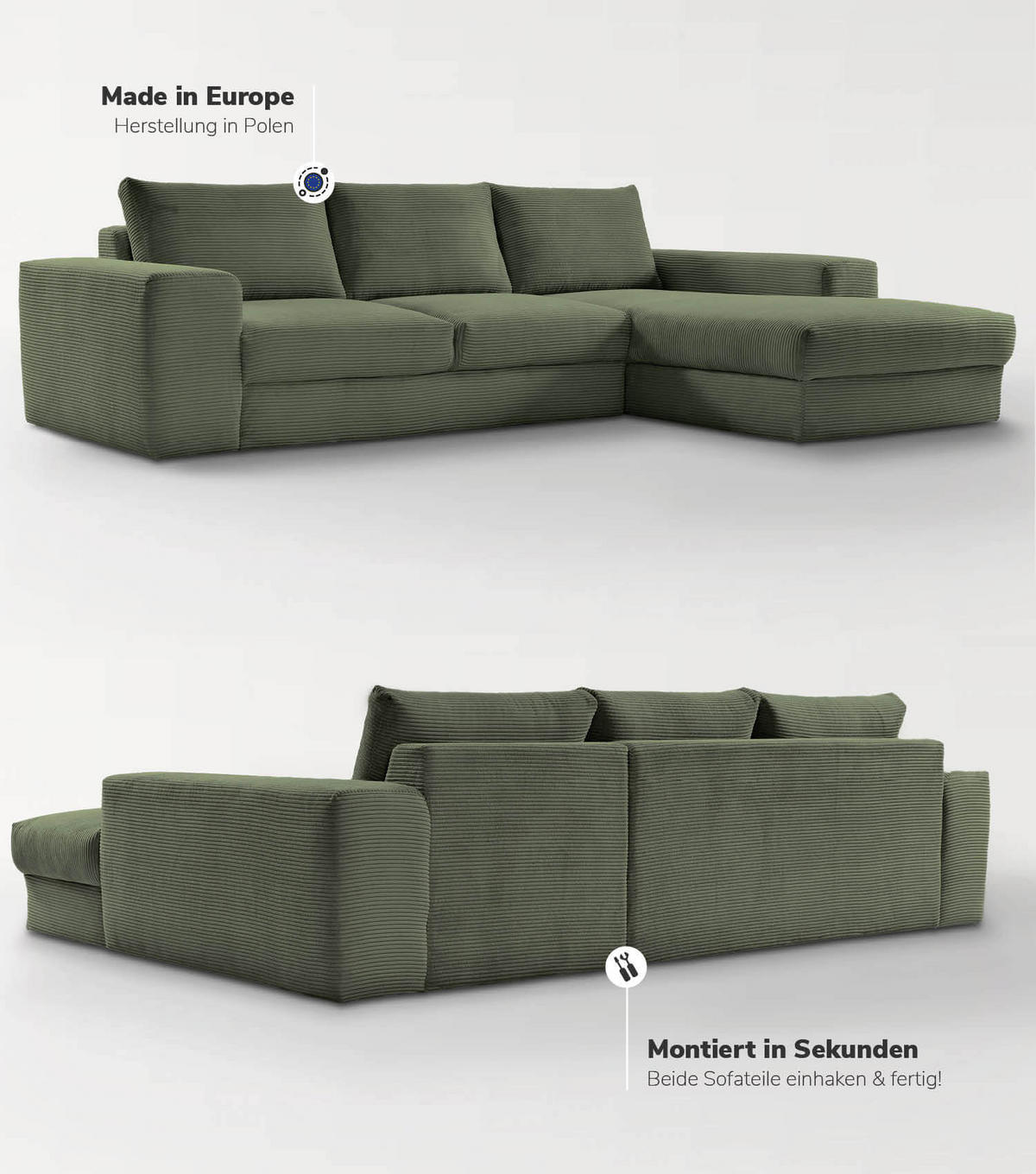 ECKSOFA Der Klassiker Recamiere rechts - Mintgrün, Textil (280/190cm) - Mokebo