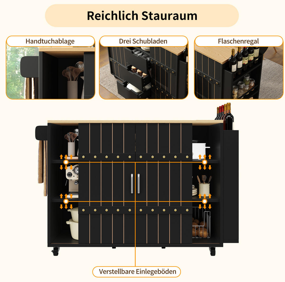 KÜCHENINSEL mit Klapptisch 110 x 42 x 90 cm MDF Schwarz - Schwarz, Holz (42/90/110cm) - Beauniv