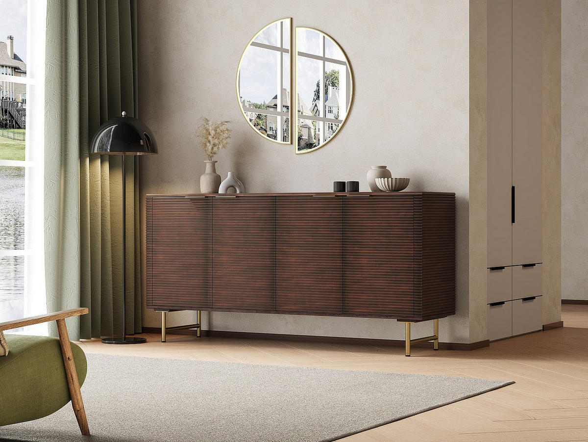 SIDEBOARD - 160 cm x 40 cm - Holz, Platte, Holz, Platte - Naturfarben Dunkel, Goldfarben - SORDANA - Goldfarben/Naturfarben, Holz (160/78/40cm) - Vente-Unique