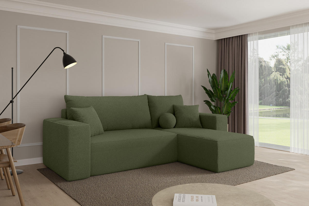 ROHOVÁ SEDAČKA s funkcí spaní, otoman vpravo SENO-L 249x139x85 zelená bouclé - černá/zelená barva, kompozitní dřevo/textil (249/139cm) - ALTDECOR