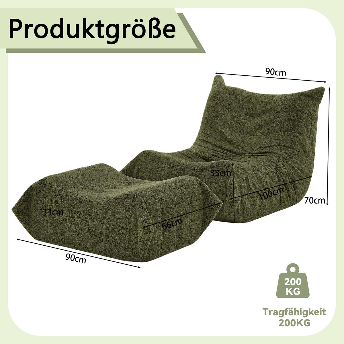 LAZY SOFA Teddyfell Optik mit Hocker weich & ergonomisch - Grün, Textil (100/70/90cm) - Urban Meuble