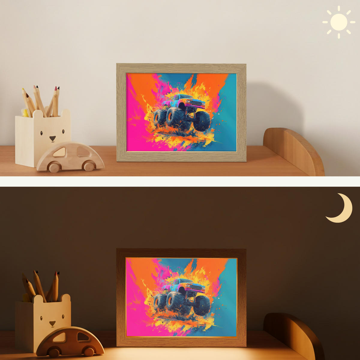 NACHTTISCHLAMPE Monstertruck - Abstrakt - Farbspritzer - Farbenfroh 20x15 cm - Pink, Holzwerkstoff (8/20/15cm)