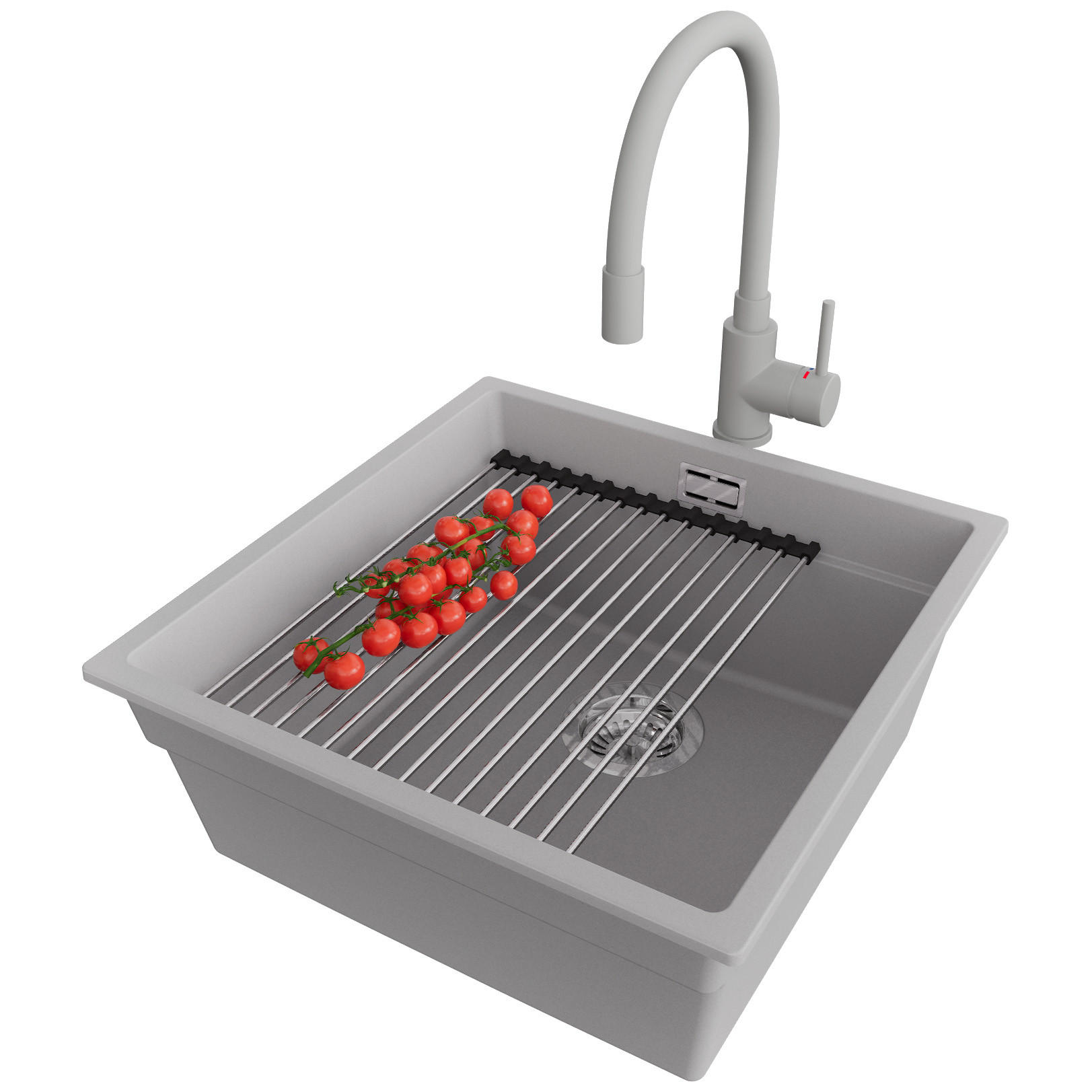 GRANITSPÜLE Praga Slim, 2-er set Grau 46/47 cm 1 Becken + Küchenarmatur 38/14 cm + Ablauf-Set + Aufrollbare Abtropffläche ab 50er Unterschrank - Chromfarben/Grau, Kunststoff (46/20/47cm) - Primagran