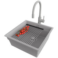 GRANITSPÜLE Praga Slim, 2-er set Grau 46/47 cm 1 Becken + Küchenarmatur 38/14 cm + Ablauf-Set + Aufrollbare Abtropffläche ab 50er Unterschrank - Chromfarben/Grau, Kunststoff (46/20/47cm) - Primagran