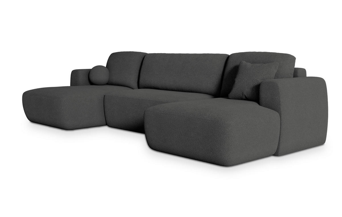 WOHNLANDSCHAFT SENTUM N Grau Boucle-Stoff mit Schlaffunktion - Grau, Holz (330/90/148cm) - MASSENO