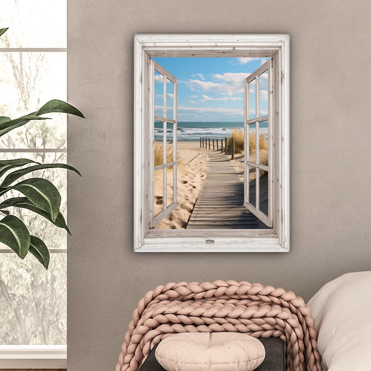 LEINWANDBILD Fenster - Meer - Küste - Natur - Ausblick - Strand - Wattenmeer Wandbild Wohnzimmer 60x80 cm - Beige, Textil (60/80cm) - MuchoWow