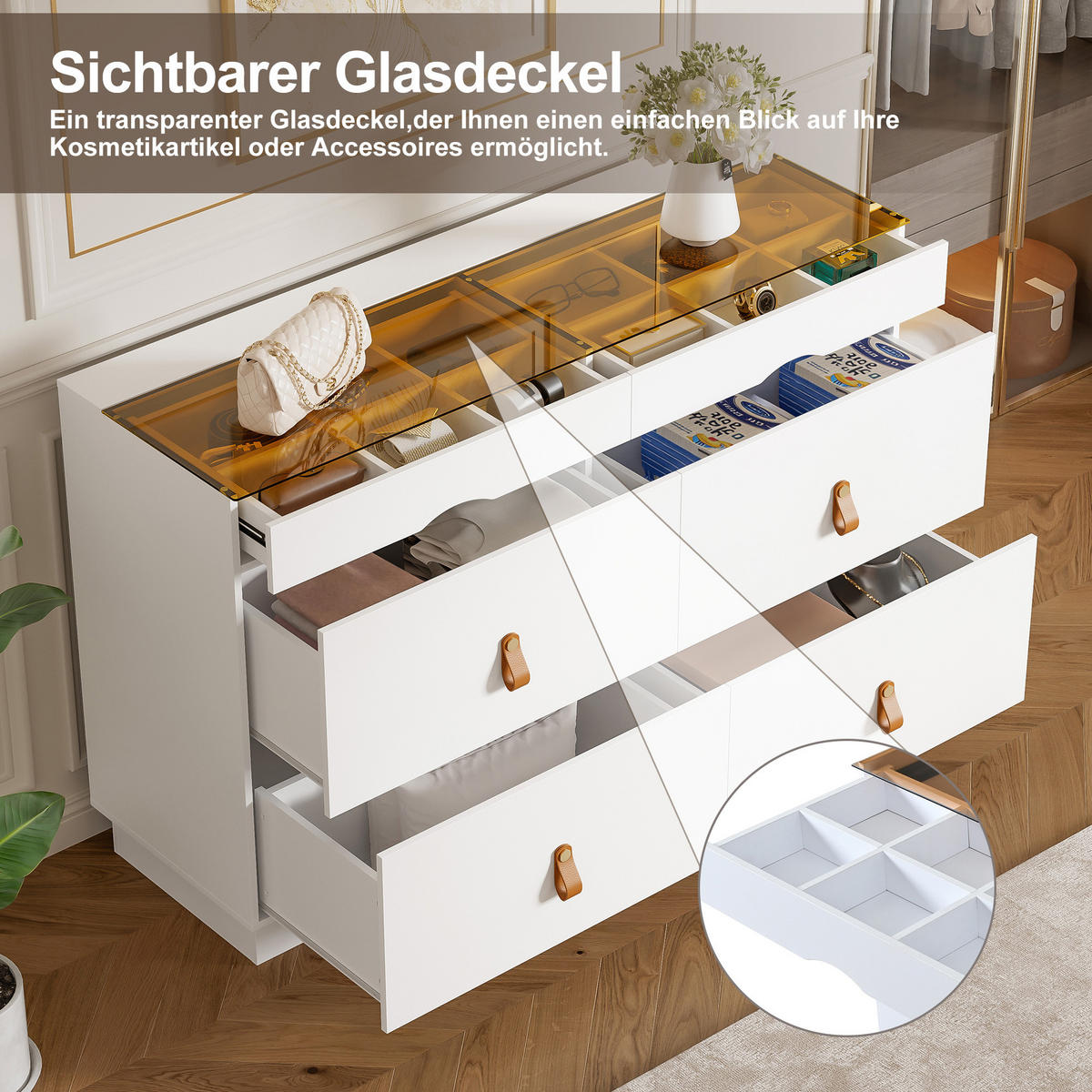 KUCHYŇSKÁ SKŘÍŇ v bílé barvě se 6 zásuvkami, do ložnice a obytných prostor, 120 × 40 × 78 cm - bílá, kov/kompozitní dřevo (120/78/40cm) - STILVORA