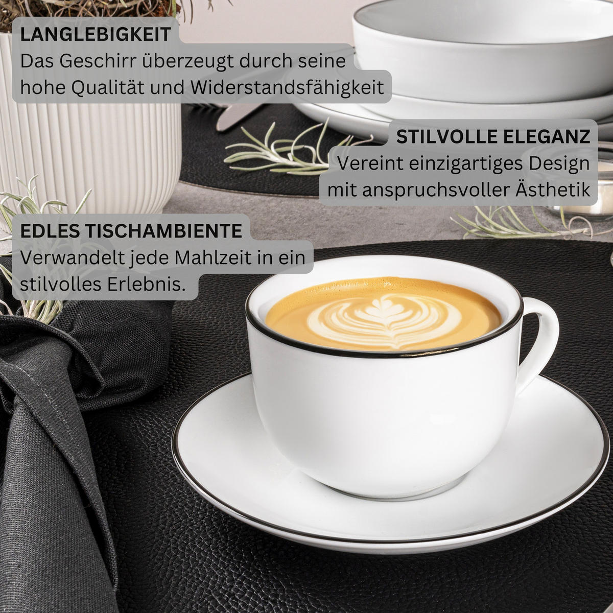 KAFFEETASSEN SET MARLO BLACK RIM LIMITED EDITION - 12 teilig aus Porzellan - Weiß, Keramik (0.2L) - Sänger