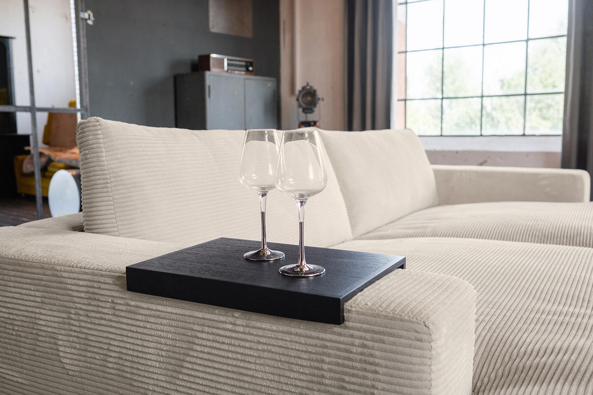 BIG SOFA-SET MIT TABLETT SCHWARZ MADELINE Cremeweiß Cord - Creme/Schwarz, Kunststoff/Textil (290/85/170cm) - KAWOLA