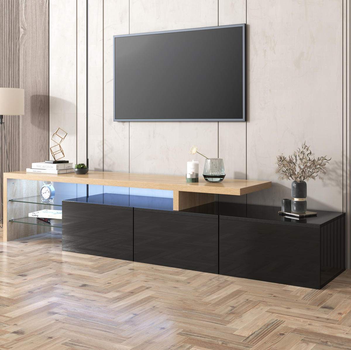 TV-ELEMENT mit LED 197,5 cm Schwarz Holzoptik - Schwarz, Glas (39/42/197.5cm) - Beauniv