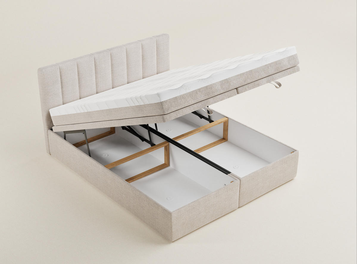 BOXBETT 140/200 cm Lovage S, in Creme, Matratze, gepolstertes Kopfteil, Bettkasten, H3 = fest - Creme/Schwarz, Holz/Holzwerkstoff (140/200cm) - Maison de Reve